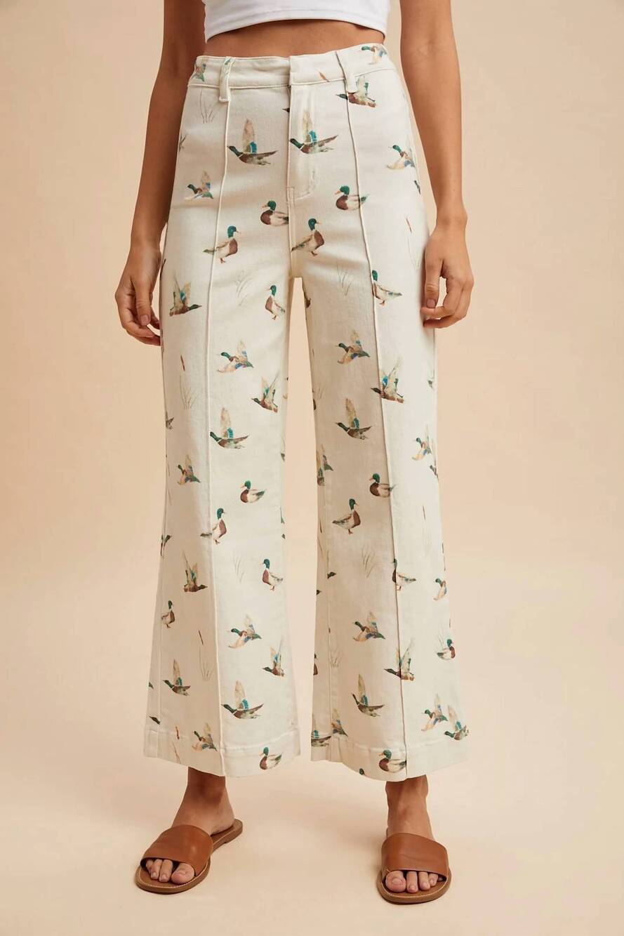 NEW ANNIEWEAR daisy duck mallard printed wide leg jeans in ivory